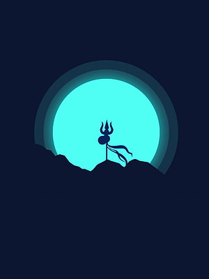 Minimalist Lord Shiva Trident Silhouette Against Glowing Cyan Moon and Dark Mountain Landscape HD phone wallpaper