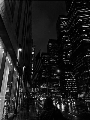 Monochrome Night View of Radio City Music Hall in New York City HD phone wallpaper