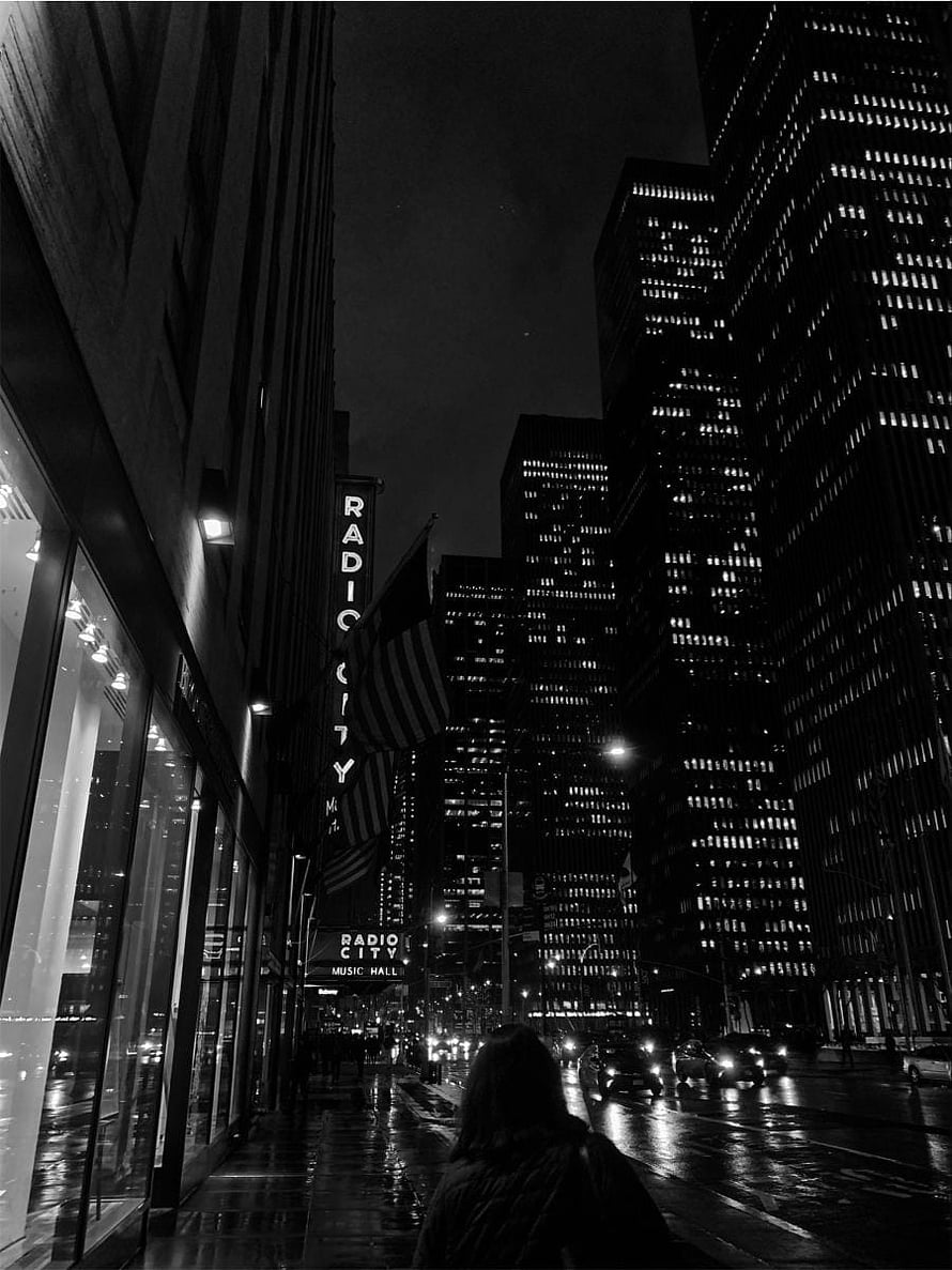 Monochrome Night View of Radio City Music Hall in New York City HD phone wallpaper