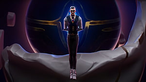 Chamber from Valorant standing in a dark sci-fi chamber with glowing blue and gold accents HD wallpaper