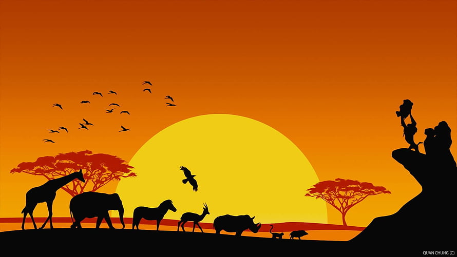 Lion King Pride Rock Silhouette at Sunset with African Savanna Animals HD wallpaper