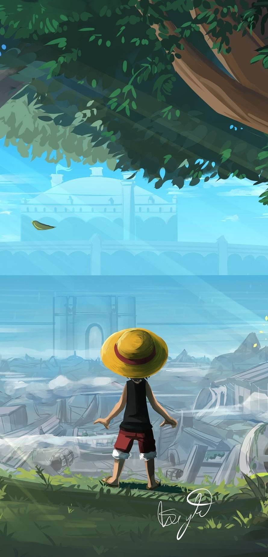 Monkey D Luffy One Piece Illustration Standing Under Tree Overlooking Ruined City HD phone wallpaper