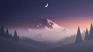 Minimalist Night Mountain Landscape with Crescent Moon and Pine Forest Silhouettes HD wallpaper