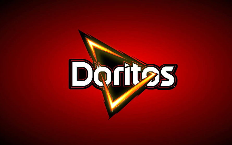 Doritos Logo on Deep Red Background with Glowing Triangle Design HD wallpaper