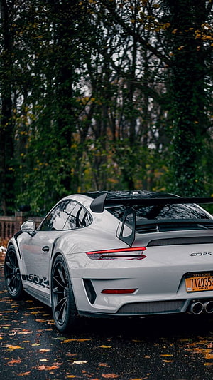 Rear Three-Quarter View of a White Porsche 911 GT3 RS Parked on a Wet Autumn Road HD phone wallpaper