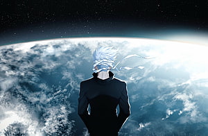 Satoru Gojo from Jujutsu Kaisen Standing Before a Cloudy Planet in Space HD wallpaper
