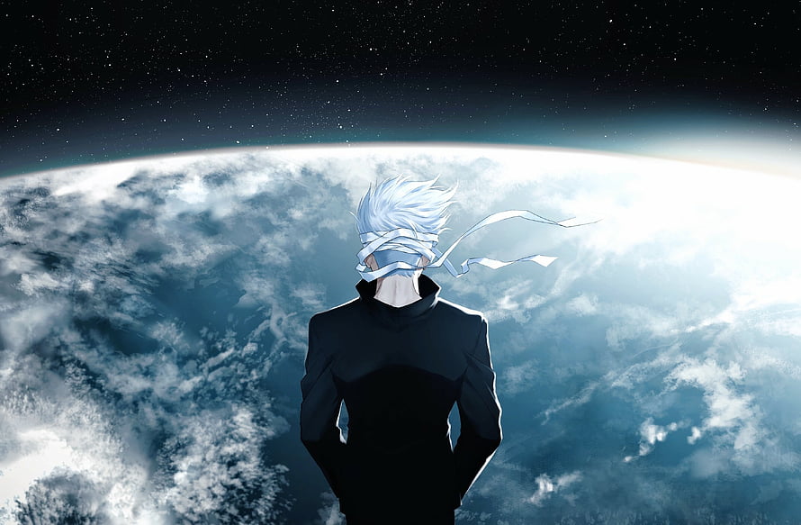 Satoru Gojo from Jujutsu Kaisen Standing Before a Cloudy Planet in Space HD wallpaper