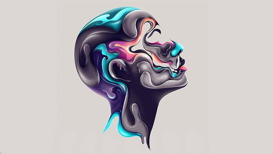 Abstract Liquid Profile Face Artwork with Swirling Cyan and Purple Ink on Neutral Background HD wallpaper
