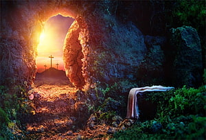 Empty Tomb at Sunrise with Crosses and Shroud in Dramatic Holy Light HD wallpaper
