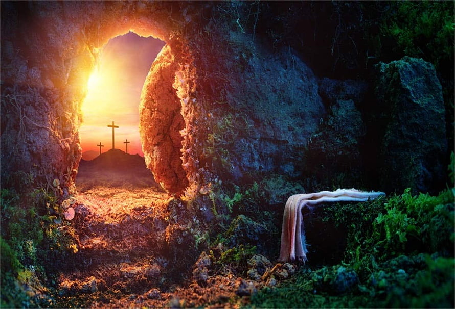 Empty Tomb at Sunrise with Crosses and Shroud in Dramatic Holy Light HD wallpaper