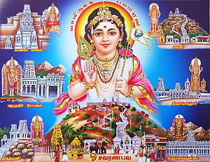 Murugan Devotional Artwork Featuring Temple Scenes and Traditional Iconography HD wallpaper