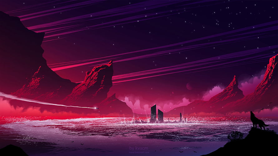 Mystical Alien Landscape with Howling Wolf Silhouette and Glowing Monoliths HD wallpaper