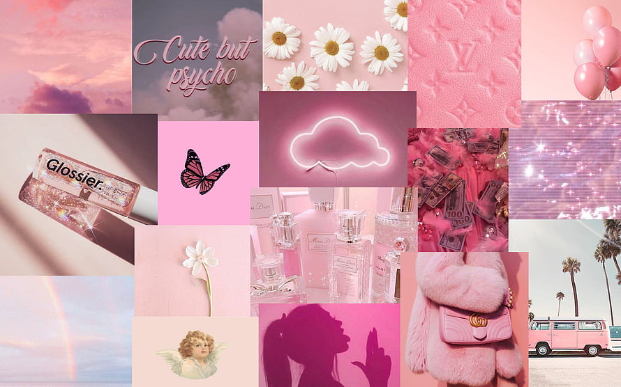 Pink Aesthetic Collage Featuring Glossier, Daisies, Neon Cloud, and Luxury Accessories HD wallpaper