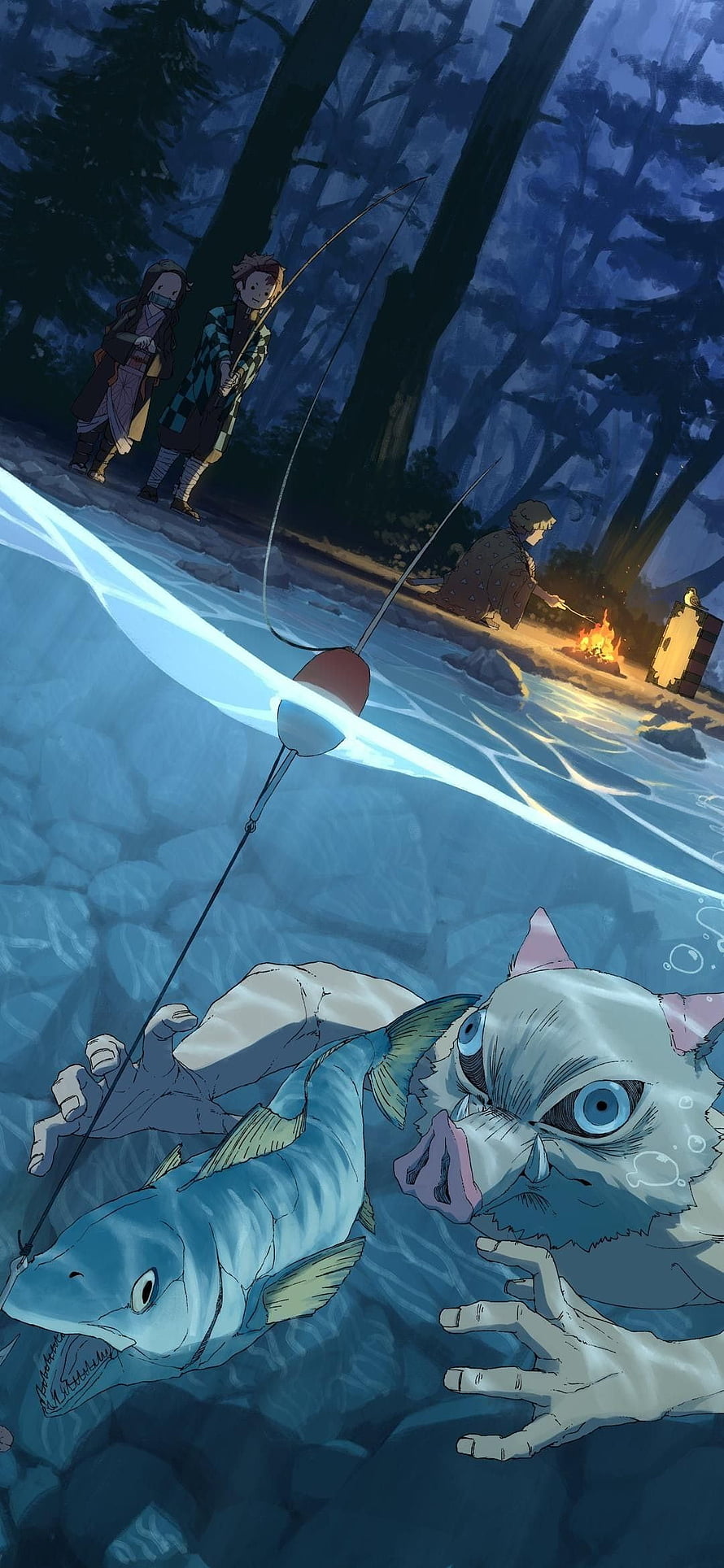 Demon Slayer: Inosuke and Zenitsu Ice Fishing at Night in the Forest HD phone wallpaper