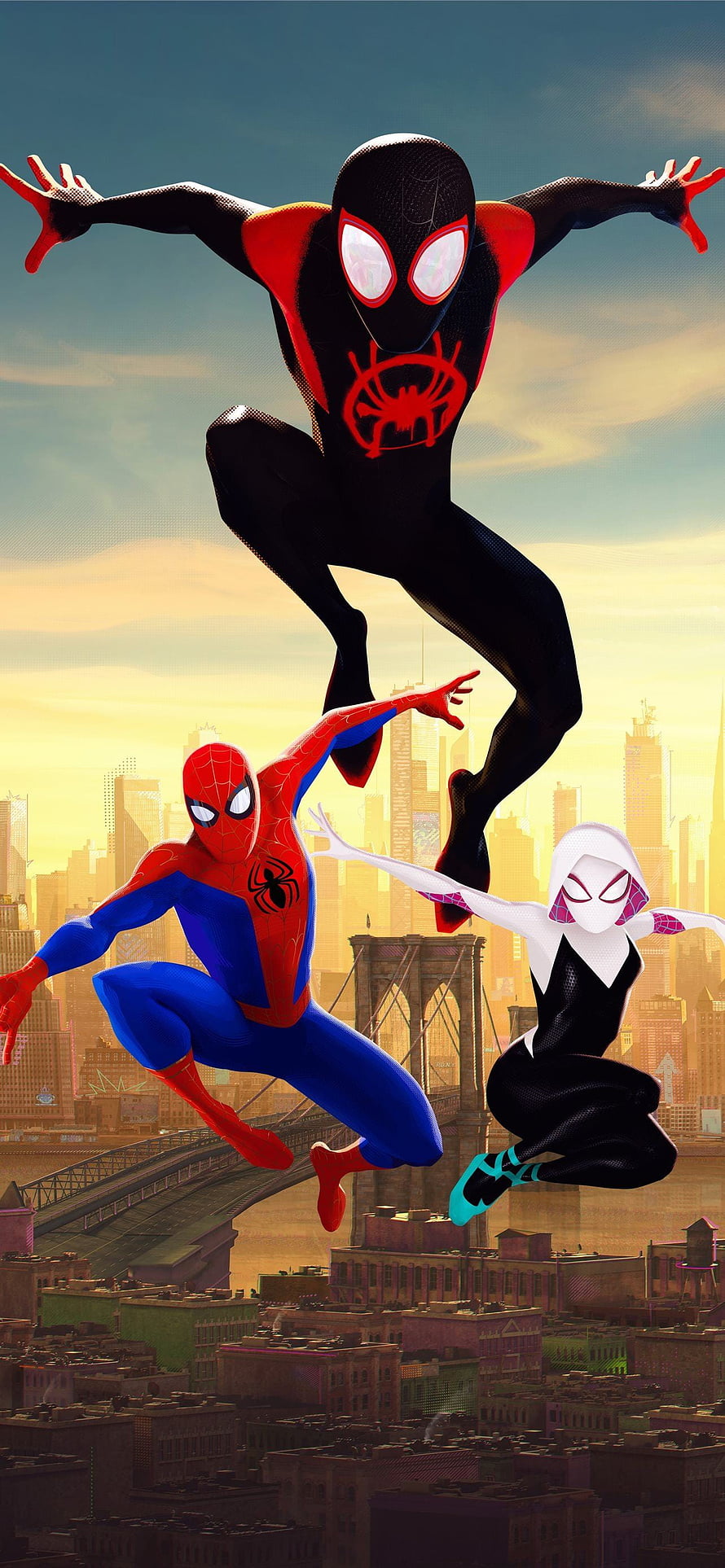 Spider-Man, Miles Morales, and Gwen Stacy Leaping Over New York City Skyline HD phone wallpaper