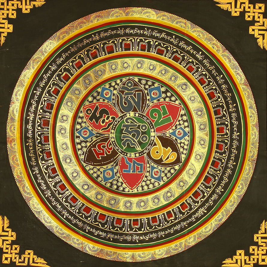 Tibetan Thangka Mandala Featuring Om Mani Padme Hum Syllables in Traditional Gold and Red Palette HD wallpaper