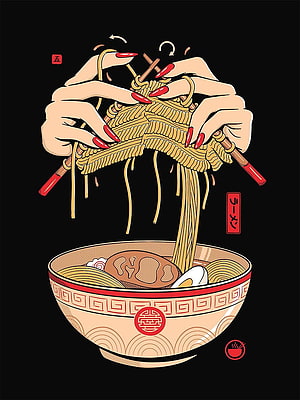 Illustration of Hands Knitting Ramen Noodles with Chopsticks in a Traditional Japanese Bowl HD phone wallpaper