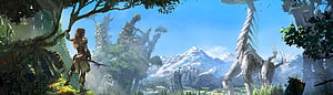 Horizon Zero Dawn Aloy Standing in Lush Forest with Snowy Mountains and Machine Creature HD wallpaper