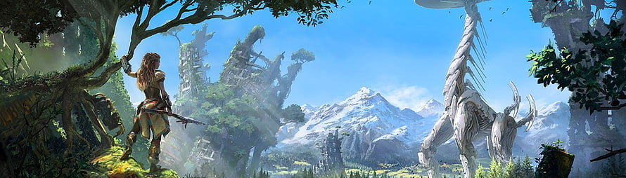 Horizon Zero Dawn Aloy Standing in Lush Forest with Snowy Mountains and Machine Creature HD wallpaper