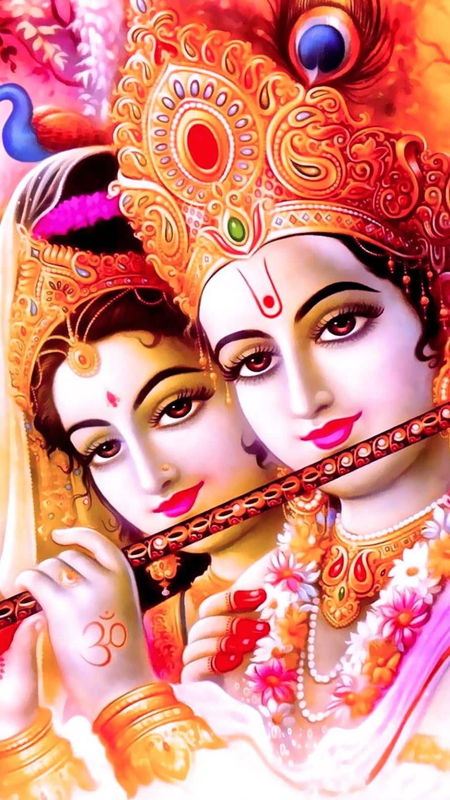 Radha Krishna Playing Flute in Ornate Traditional Indian Art Style HD phone wallpaper