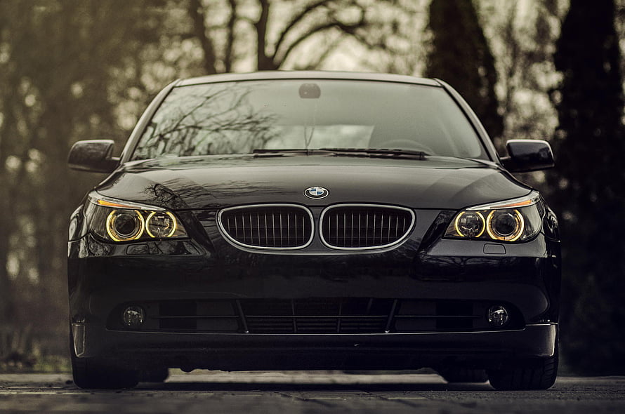 Black BMW 5 Series Front View with Angel Eyes Headlights in Forest Setting HD wallpaper