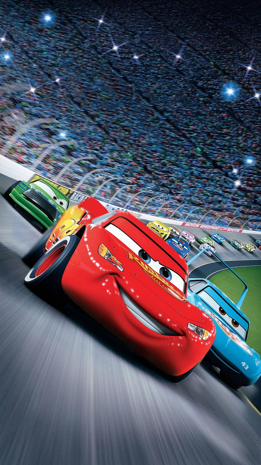 Lightning McQueen Leading the Pack in a High-Speed Race at the Piston Cup HD phone wallpaper