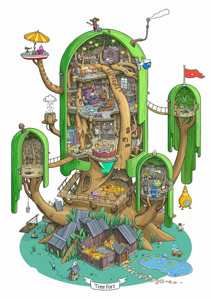 Adventure Time Tree Fort Cross-Section Illustration with Detailed Interior Rooms and Characters HD phone wallpaper