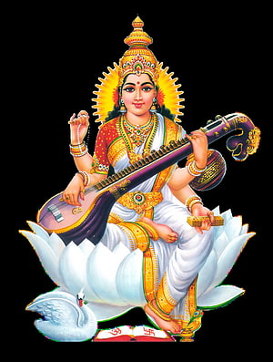 Goddess Saraswati Playing Veena on Lotus Throne with Swan and Sacred Text HD phone wallpaper