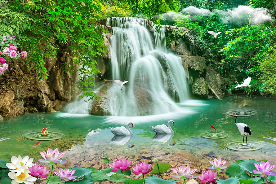 Enchanted Forest Waterfall with Swans, Lotus Flowers, and Cranes in a Serene Fantasy Pond HD wallpaper