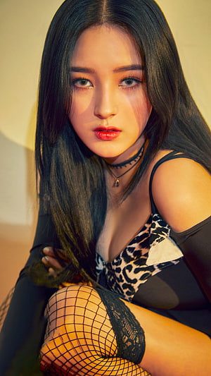 Nancy from Momoland in a leopard print top and fishnet stockings with warm studio lighting HD phone wallpaper