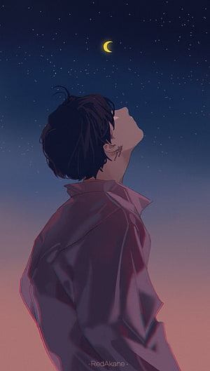 Anime Boy Gazing at Crescent Moon Under Starry Night Sky HD phone wallpaper