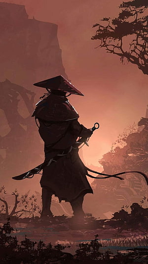 Silhouette of a Japanese Ronin Samurai Standing in a Misty Landscape at Dusk HD phone wallpaper