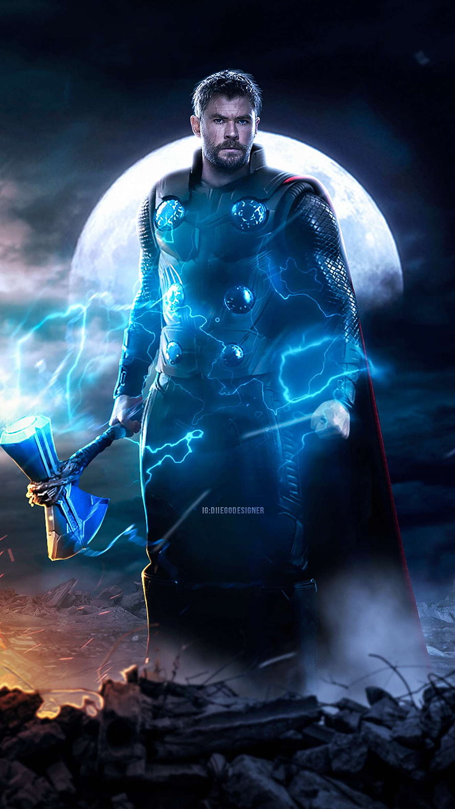 Thor Holding Stormbreaker Amid Blue Lightning and Full Moon HD phone wallpaper