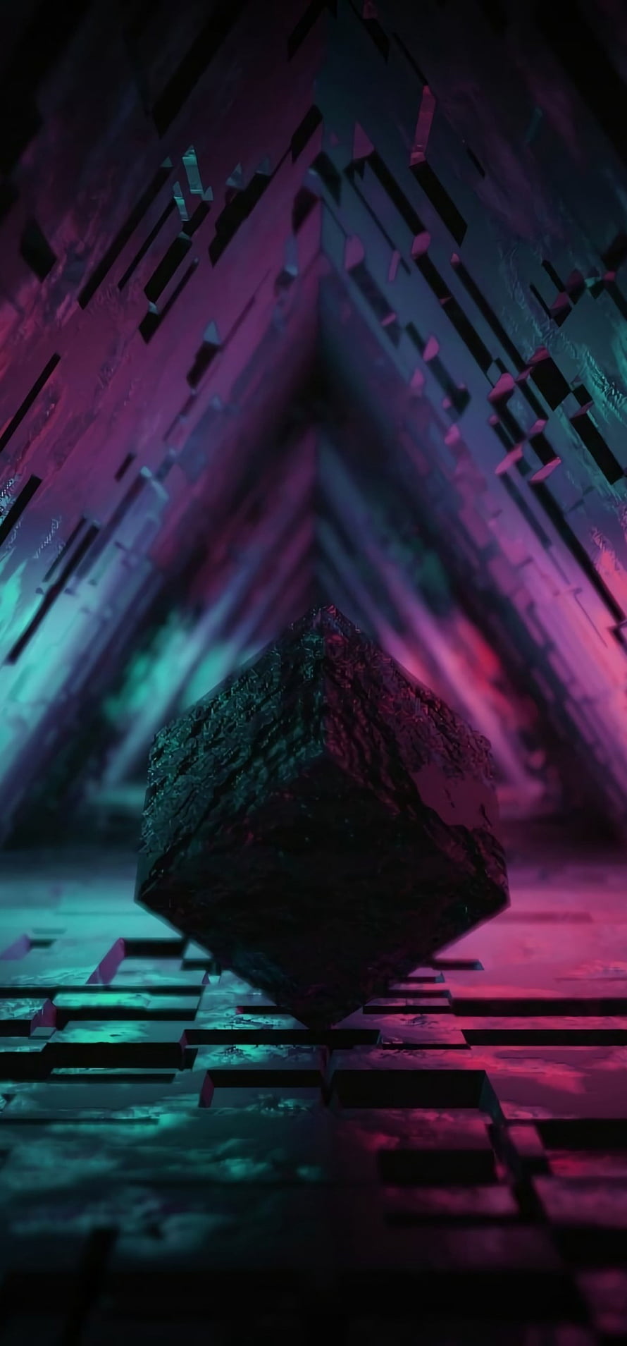 Dark Geometric Cube in Neon Cyberpunk Corridor with Purple and Teal Lighting HD phone wallpaper