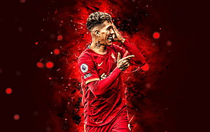 Roberto Firmino Liverpool FC Celebration Wallpaper with Dramatic Red Ink Splash Background HD wallpaper
