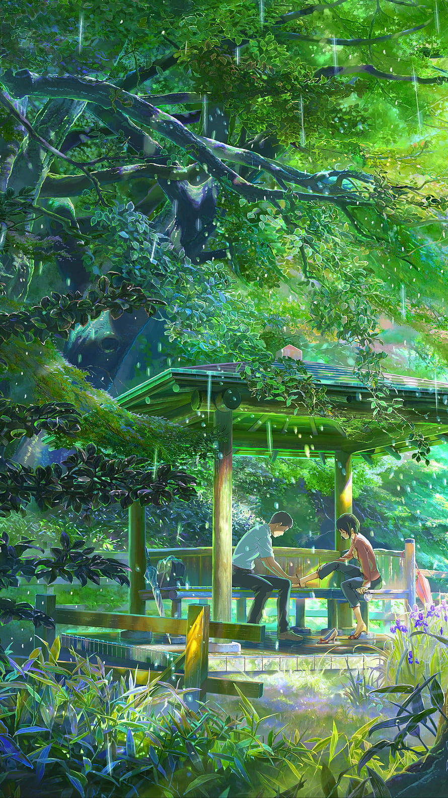 The Garden of Words Anime Scene: Two Characters Sharing a Quiet Moment in a Rainy Forest Pavilion HD phone wallpaper