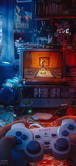 Retro PlayStation 1 Gaming Setup with Tomb Raider on CRT TV and Vintage Room Decor HD phone wallpaper