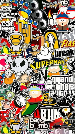 Dense Cartoon Sticker Bomb Collage Featuring South Park, Grand Theft Auto, and Pop Culture Characters HD phone wallpaper