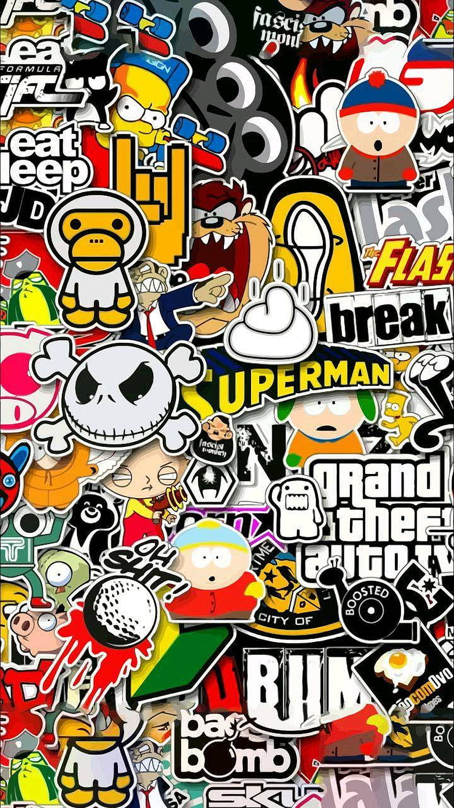 Dense Cartoon Sticker Bomb Collage Featuring South Park, Grand Theft Auto, and Pop Culture Characters HD phone wallpaper