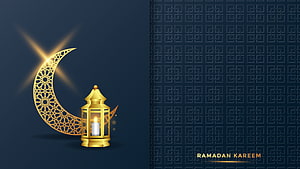 Ramadan Kareem Greeting with Golden Crescent Moon and Illuminated Lantern on Dark Blue Background HD wallpaper