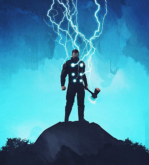 Thor the Lightning God Standing on a Rocky Peak with Mjolnir and Electric Storm HD phone wallpaper
