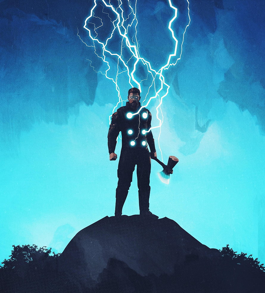 Thor the Lightning God Standing on a Rocky Peak with Mjolnir and Electric Storm HD phone wallpaper
