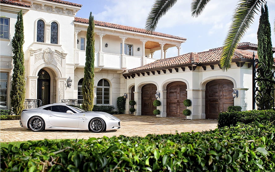 Silver Ferrari 599 GTB parked in front of a grand Mediterranean style luxury mansion estate HD wallpaper