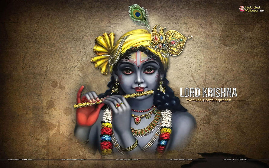 Lord Krishna Playing Flute with Peacock Feather Crown and Ornate Jewelry HD wallpaper