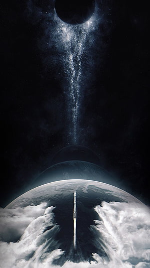 Interstellar Space Artwork Featuring Rocket Launch Above Earth and Distant Planets HD phone wallpaper