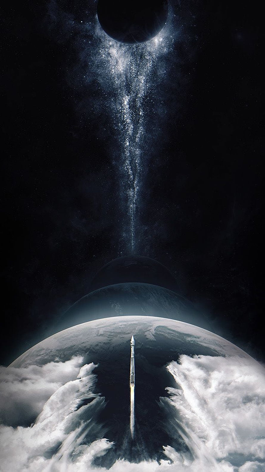 Interstellar Space Artwork Featuring Rocket Launch Above Earth and Distant Planets HD phone wallpaper