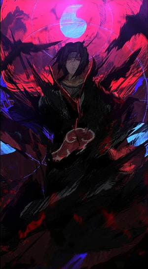 Itachi Uchiha in Akatsuki Cloak with Sharingan Aura and Dark Energy HD phone wallpaper