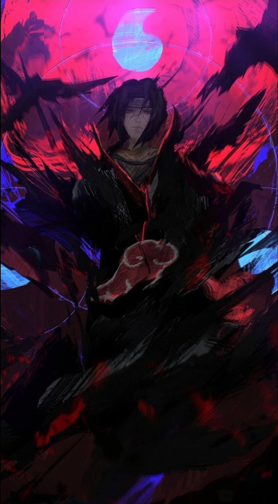 Itachi Uchiha in Akatsuki Cloak with Sharingan Aura and Dark Energy HD phone wallpaper