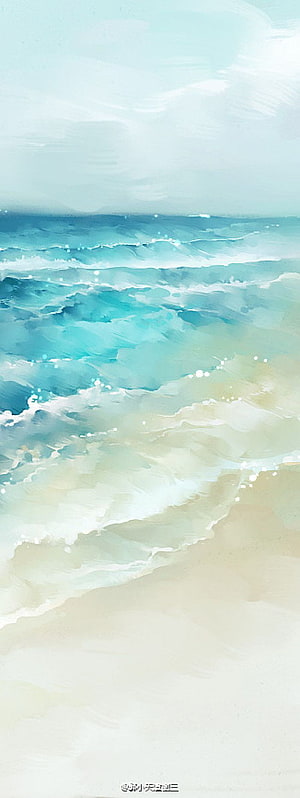 Serene Watercolor Ocean Beach Scene with Soft Turquoise Waves and Pale Sand HD phone wallpaper