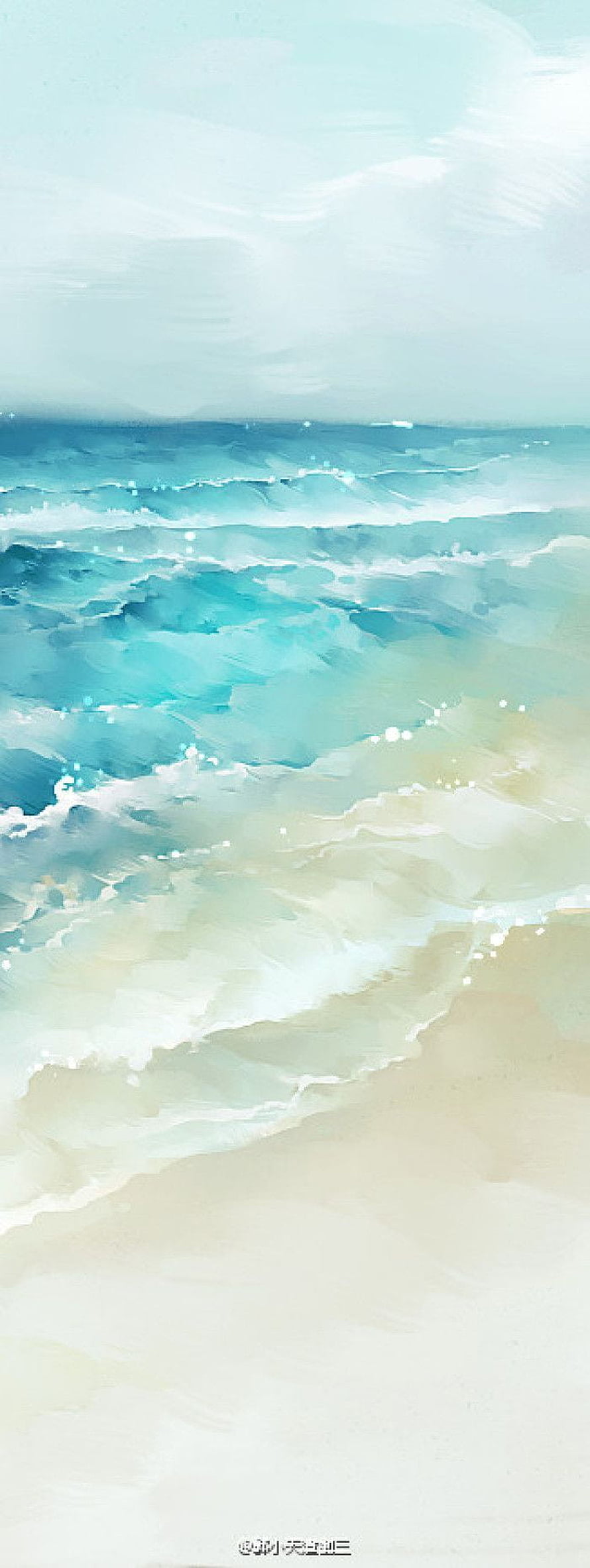 Serene Watercolor Ocean Beach Scene with Soft Turquoise Waves and Pale Sand HD phone wallpaper